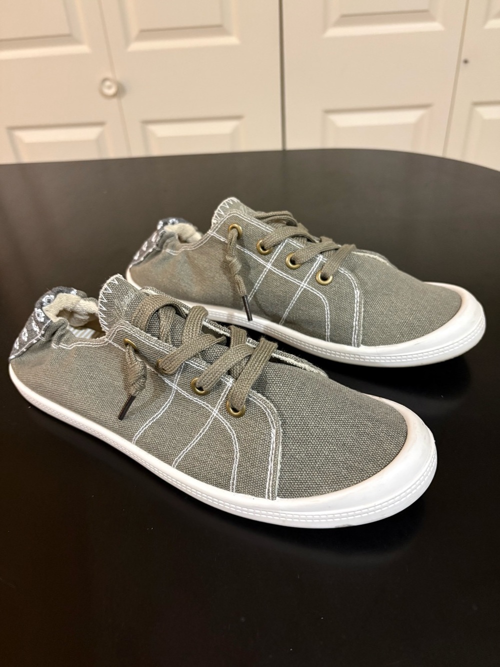 Casual Olive/gray Canvas Slip-On Sneakers with Laces - Picture 8 of 11